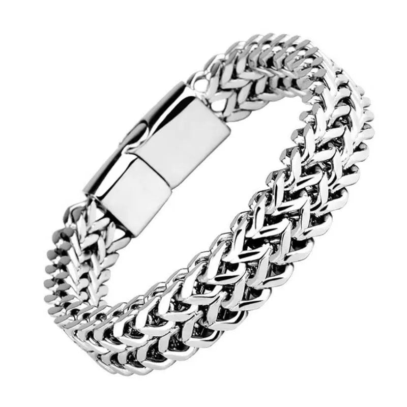 Geometric titanium steel unisex bracelet in silver showing simple front and back design.