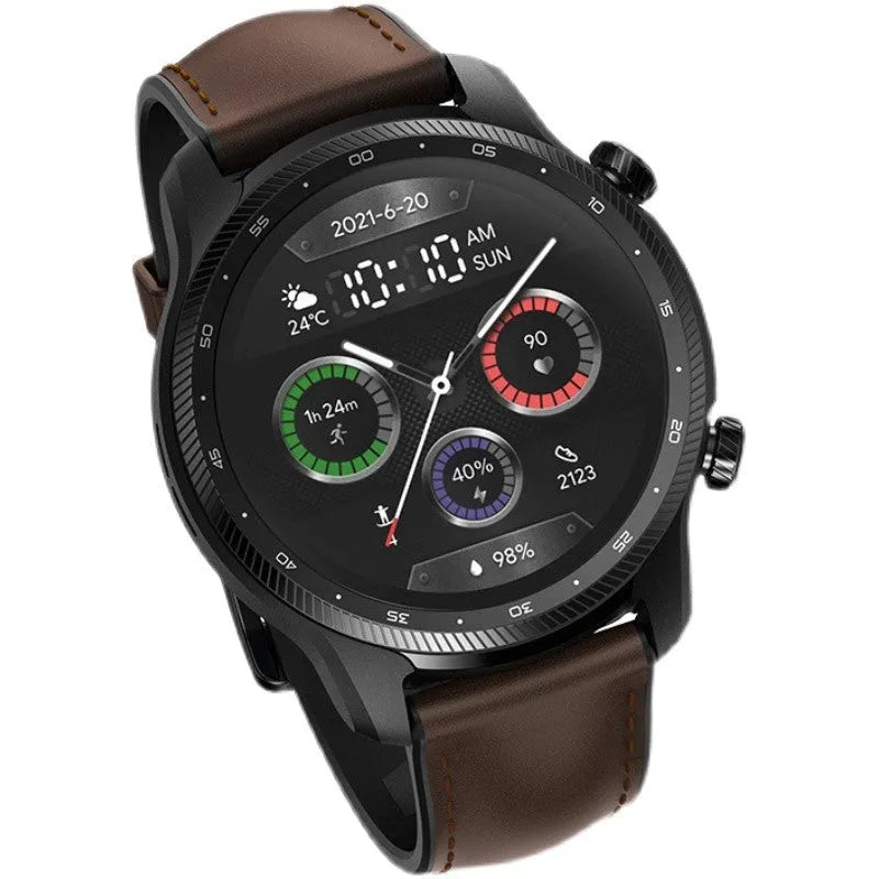 Ticwatch Pro X black smart watch with 47mm case showing 4G LTE calling and heart rate display on screen