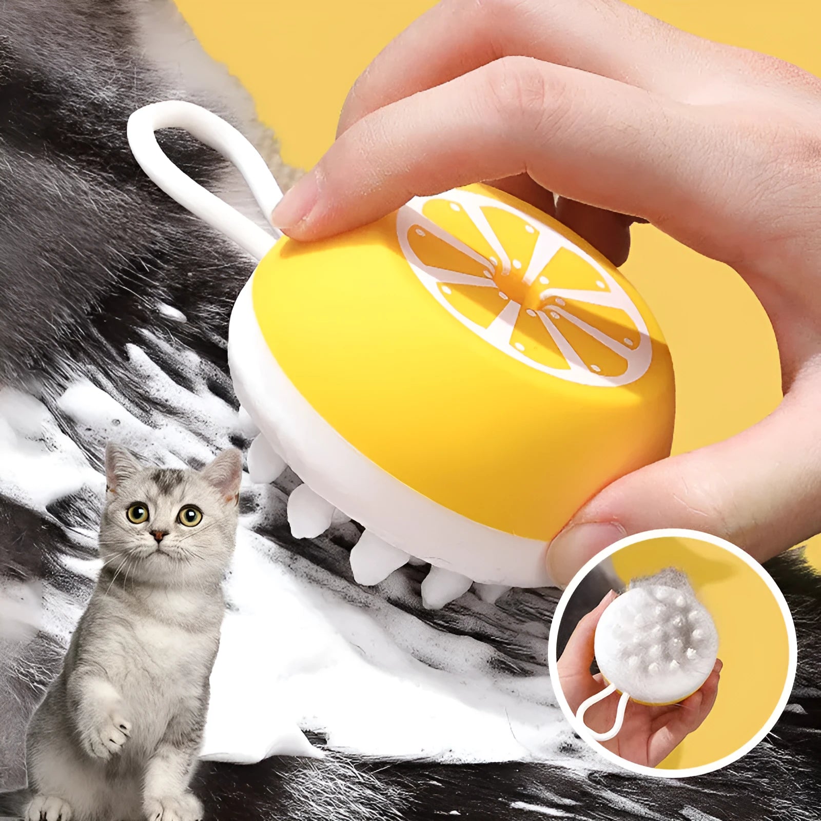 Yellow silicone pet bath brush with 3D massage head and combed hair bristles for dog and cat grooming