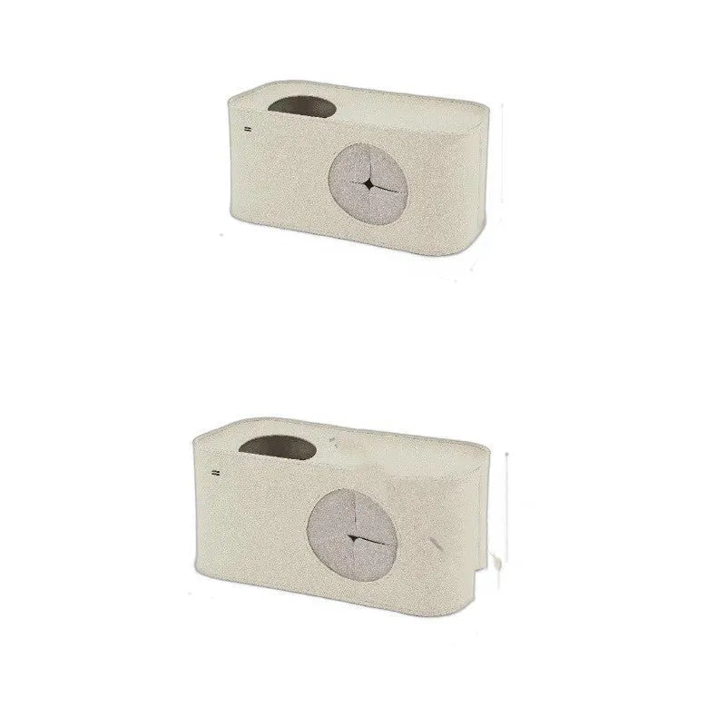 Foldable felt cat nest in khaki colour, shown in both its open shelter form and folded flat for storage.