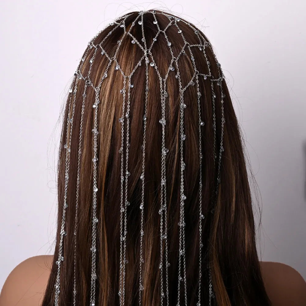 Gold or silver electroplated rhinestone headband with mesh pattern and decorative tassels