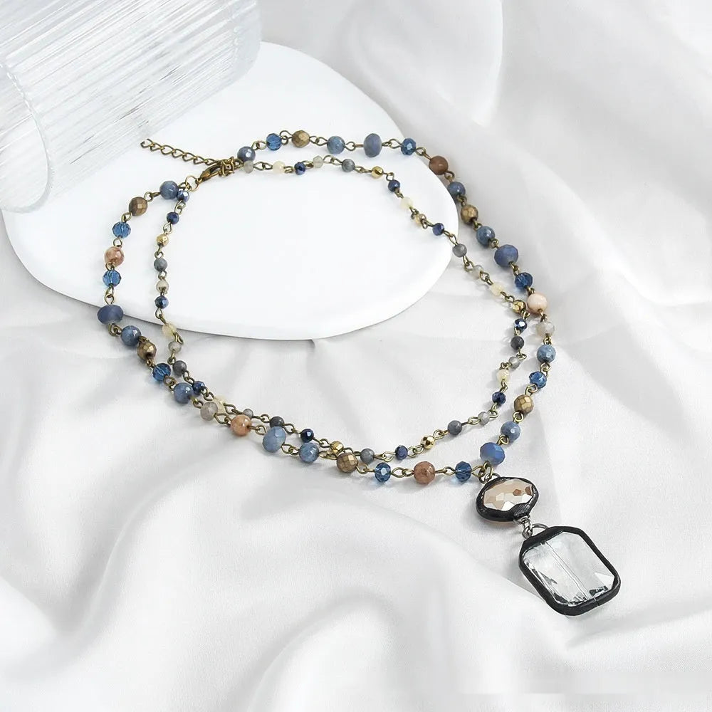 Two-layer tribal necklace with stone and glass pendant on adjustable alloy chain