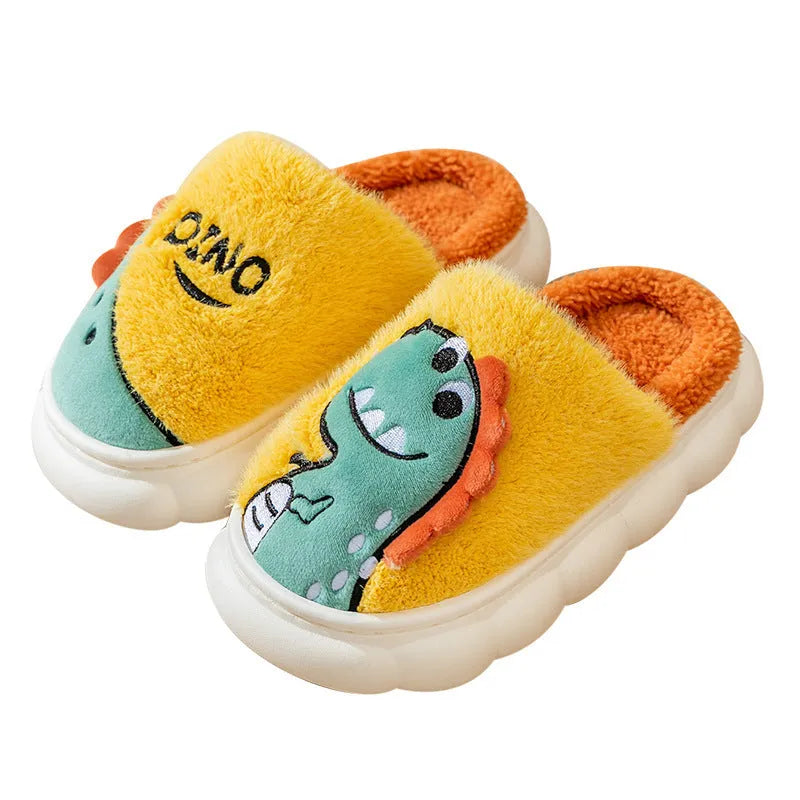 Cotton plush dinosaur print couple slippers in gray, coffee, and orange colours on a white background.