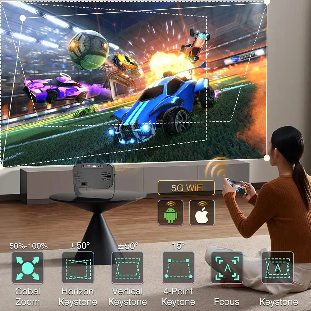 Matte black portable smart HD projector with remote control on wooden surface