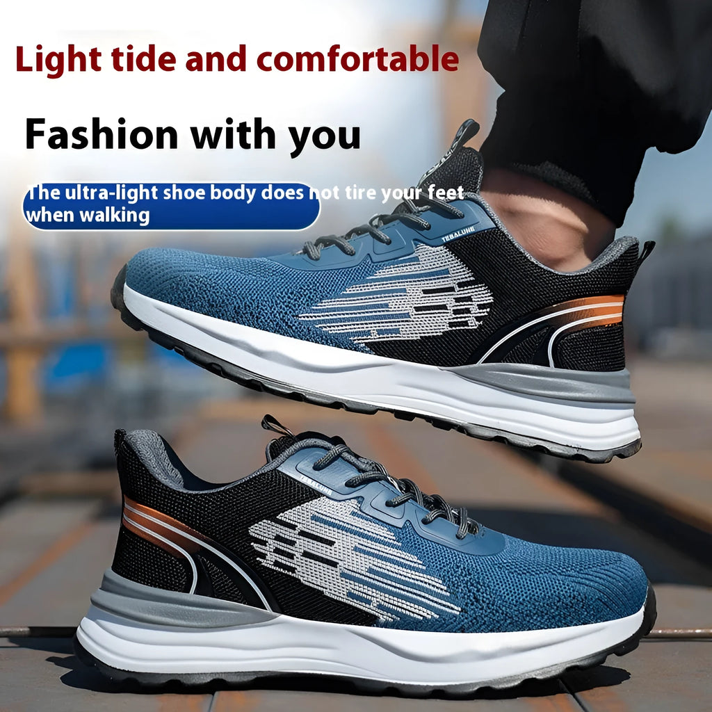 Blue men's lightweight safety work shoes with plastic toe cap and breathable mesh upper