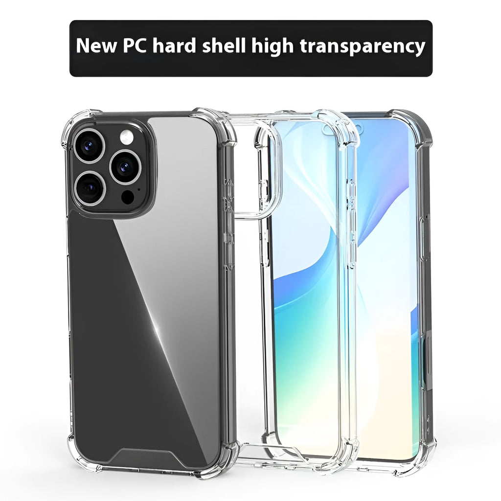 Transparent TPU PC phone case with anti-fingerprint surface and drop-resistant airbag design for iPhone