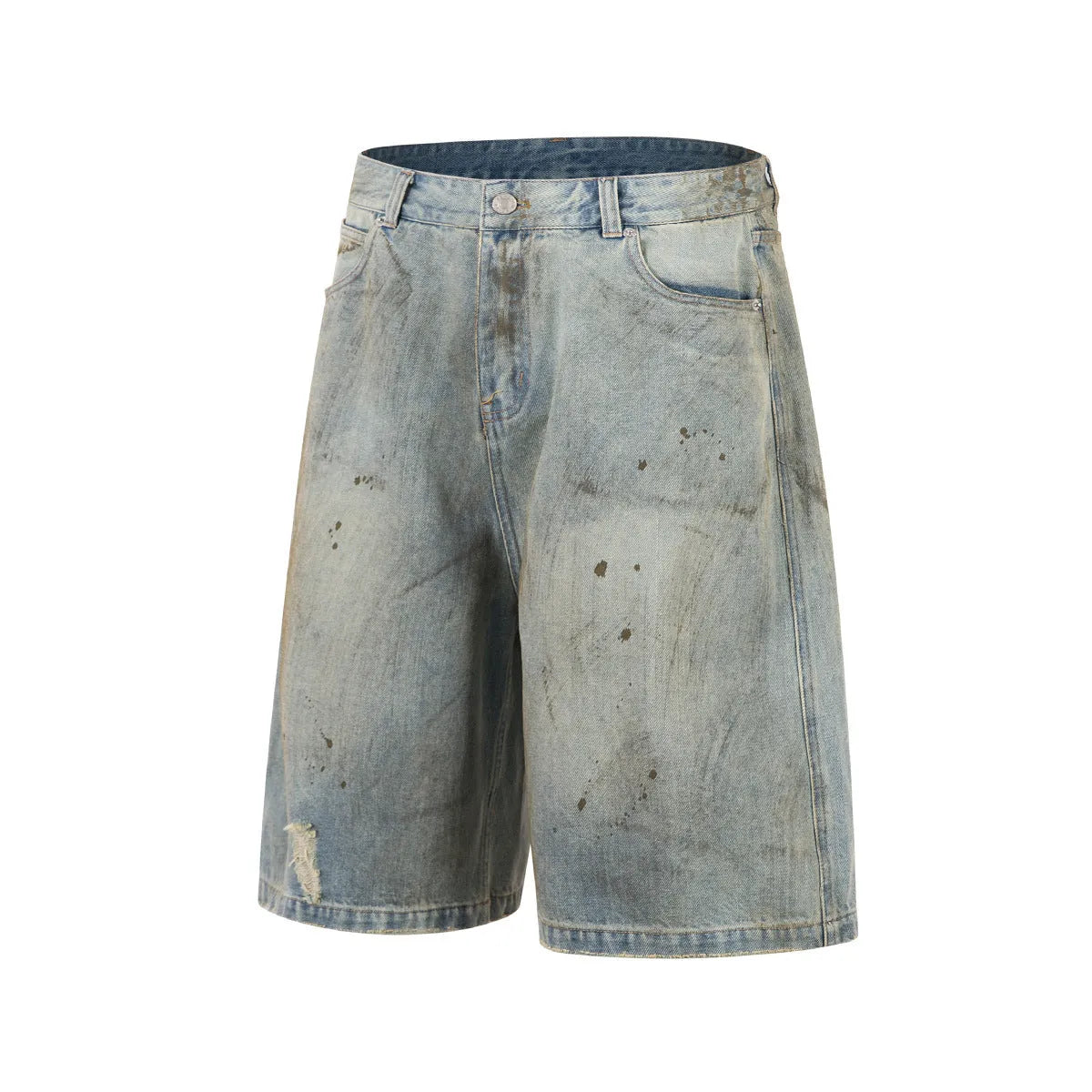 Blue cropped denim jeans with straight leg cut and middle pants length showing zipper fly closure