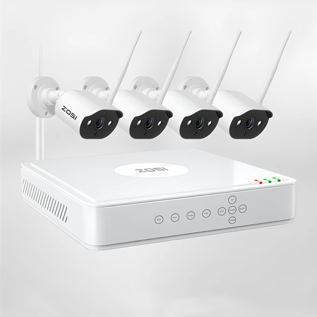 ZOSI 4-channel POE security camera system box with outdoor bullet cameras and network video recorder