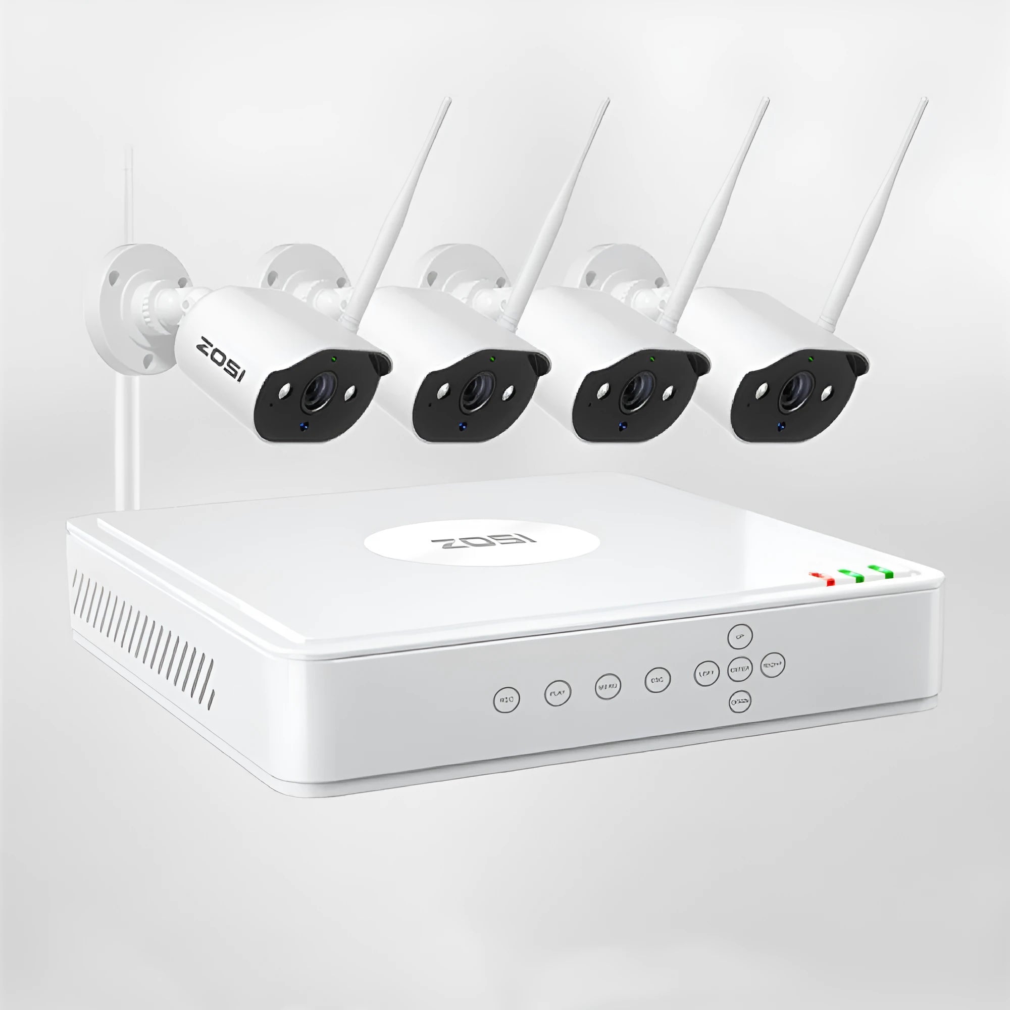 ZOSI 4-channel POE security camera system box with outdoor bullet cameras and network video recorder