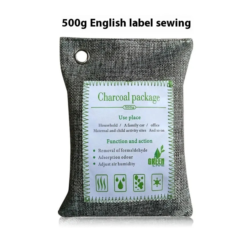 Bamboo charcoal air purifier bag in breathable fabric for formaldehyde removal.