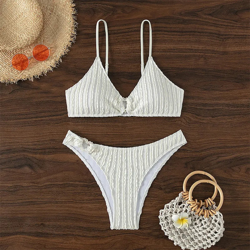 White women's V-neck beach swimsuit with matching shorts for swimming