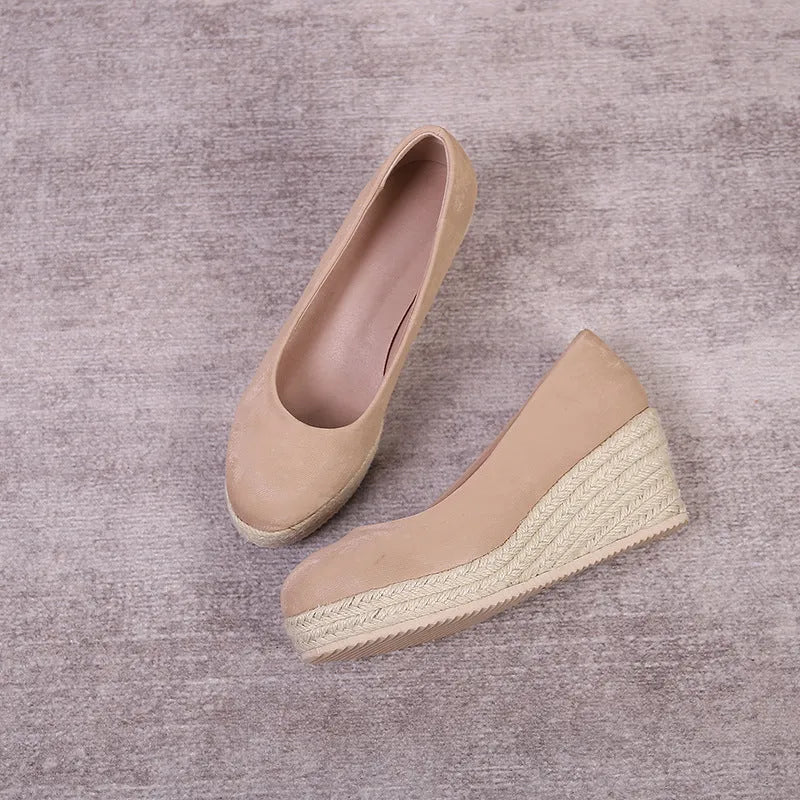 Women's wedge high heel pumps in apricot with rope-textured sole and shallow mouth design.