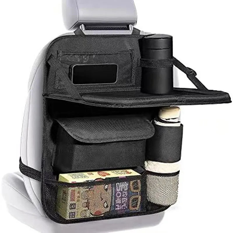 Black oxford cloth car seat back buggy bag measuring 42x30cm with hanging storage compartments