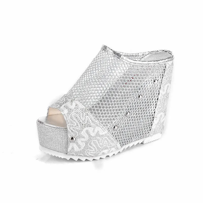 Korean chunky heel platform flip-flops with hollowed-out design and mesh upper in black, silver, and gold colours.