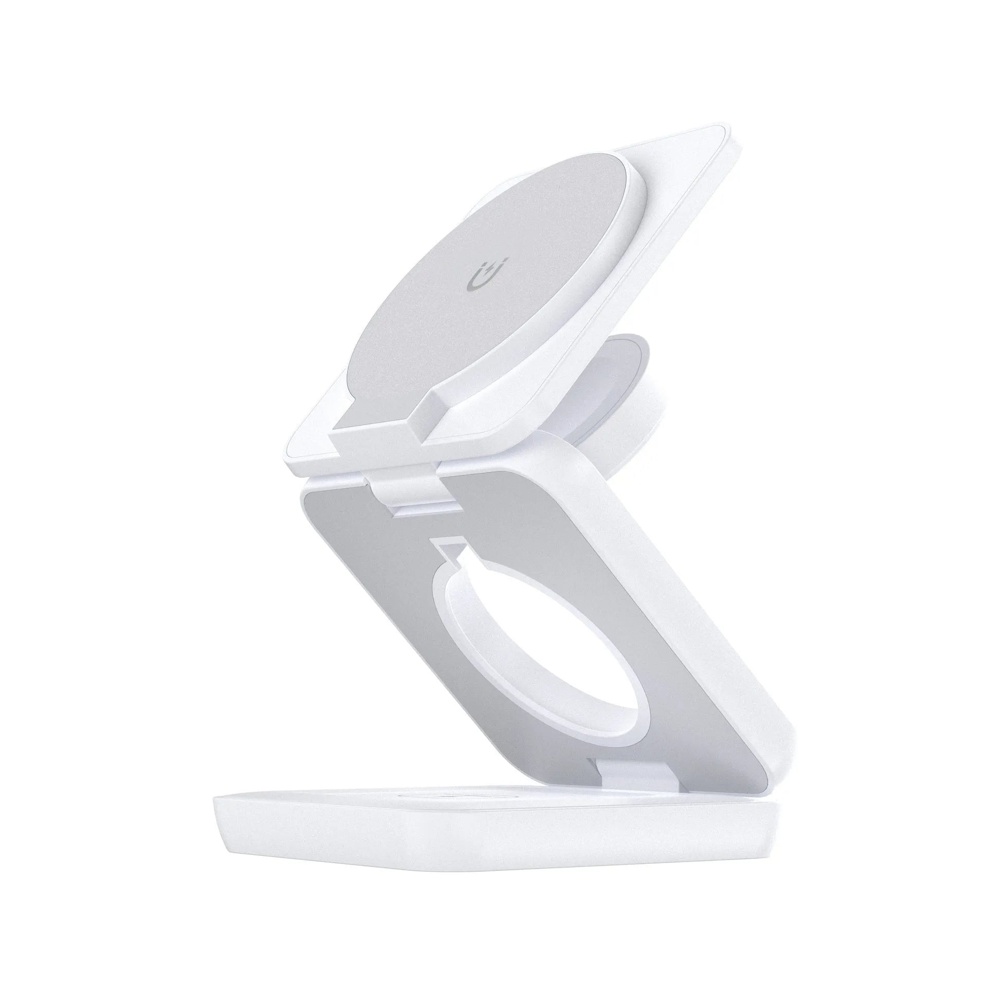 White foldable magnetic wireless charger phone holder showing compact size and charging indicator light.