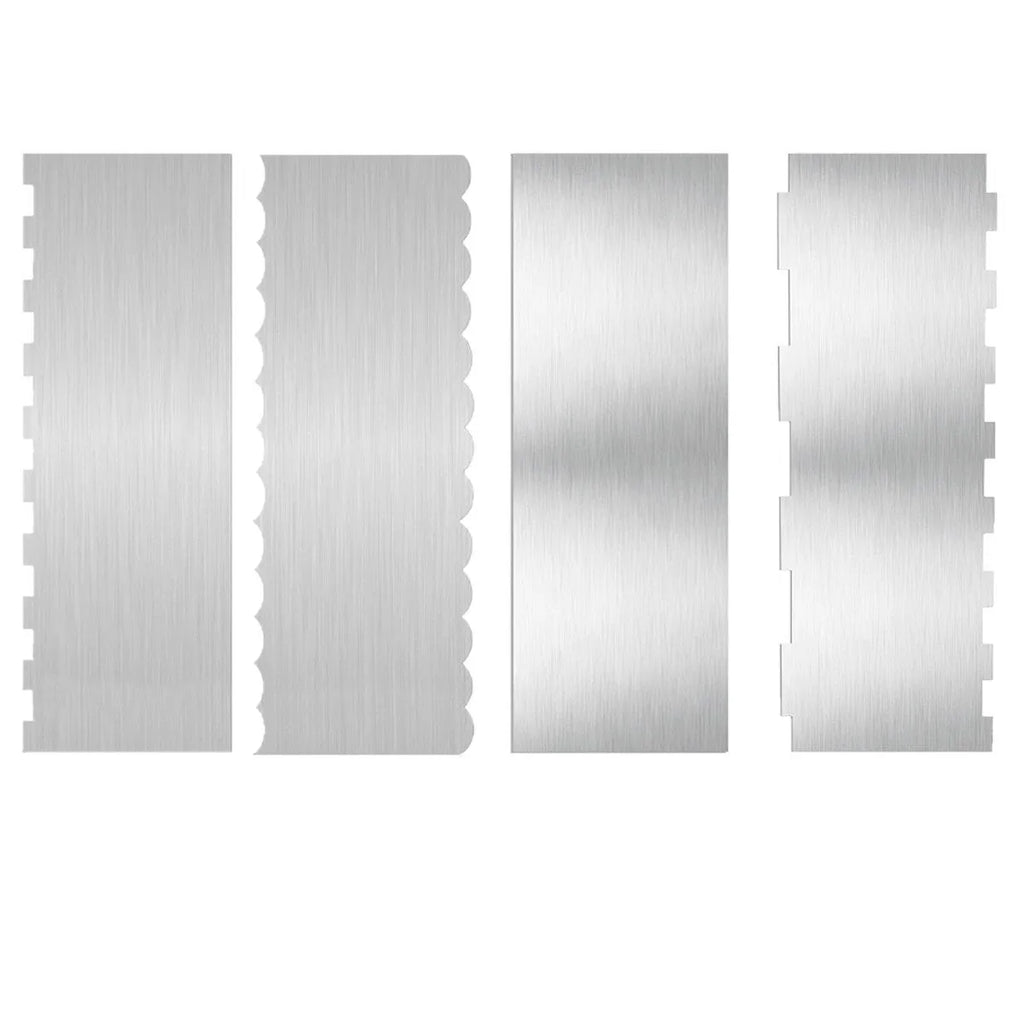 Stainless steel cake scraper with a polygon-patterned edge for textured icing.