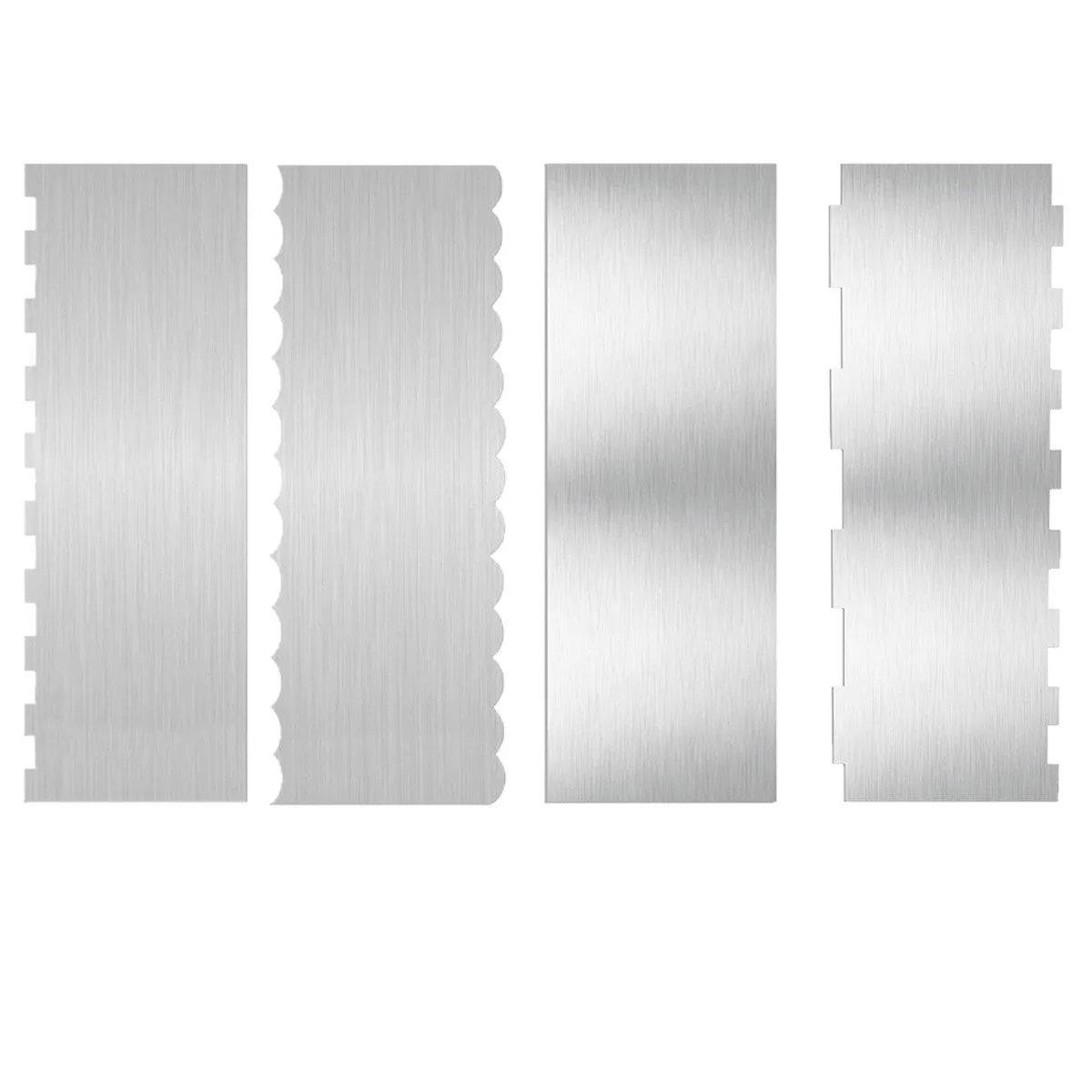 Stainless steel cake scraper with a polygon-patterned edge for textured icing.