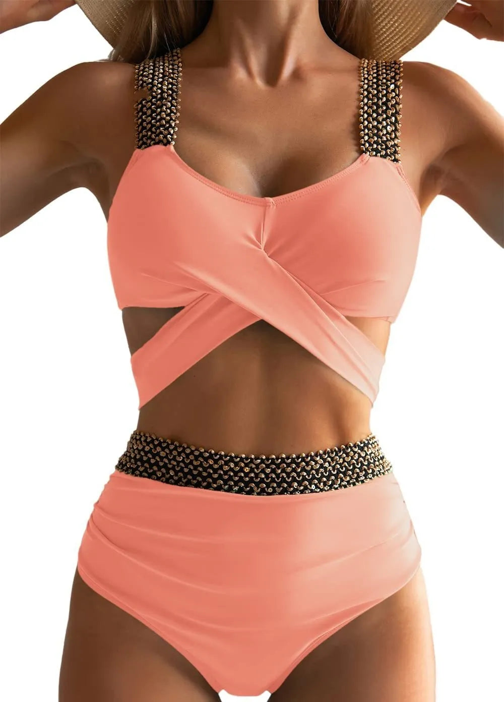 Women's polyester split bikini set in multiple colours including black, red, and green