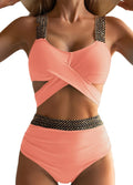 Women's polyester split bikini set in multiple colours including black, red, and green