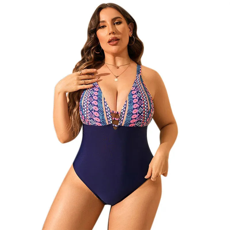 Leopard print plus size women's one-piece swimsuit with V-neck and belly coverage