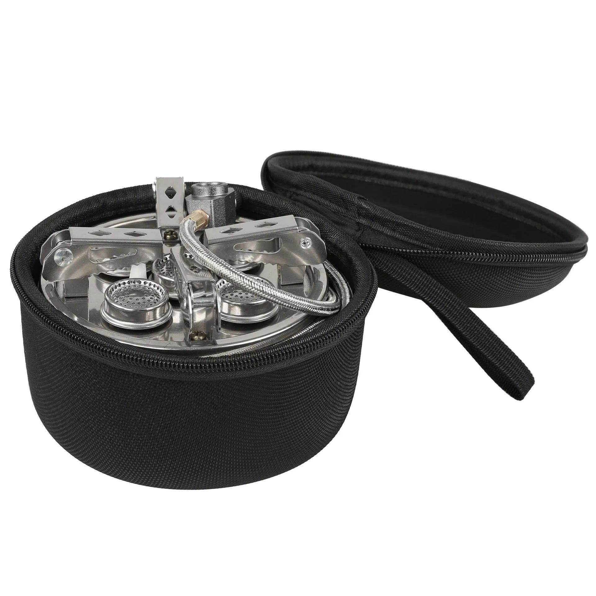 Silver stainless steel portable split camping stove with 100cm hose, folded to 155x125mm