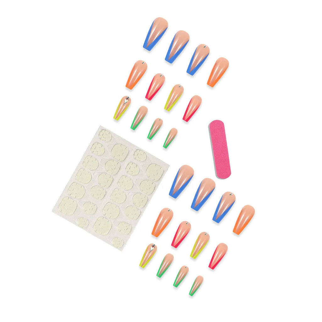 Detachable nail tips with diamond colour French design showing cartoon and cross heart patterns with application kit