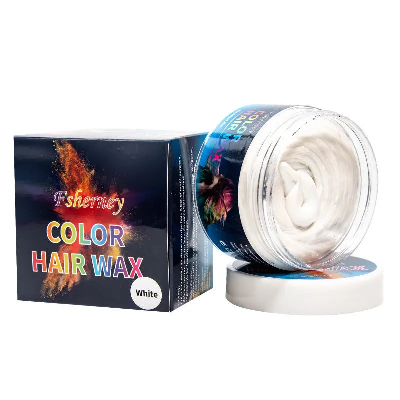 120g hair styling clay container showing colour options including rose red, granny grey, blue, and white