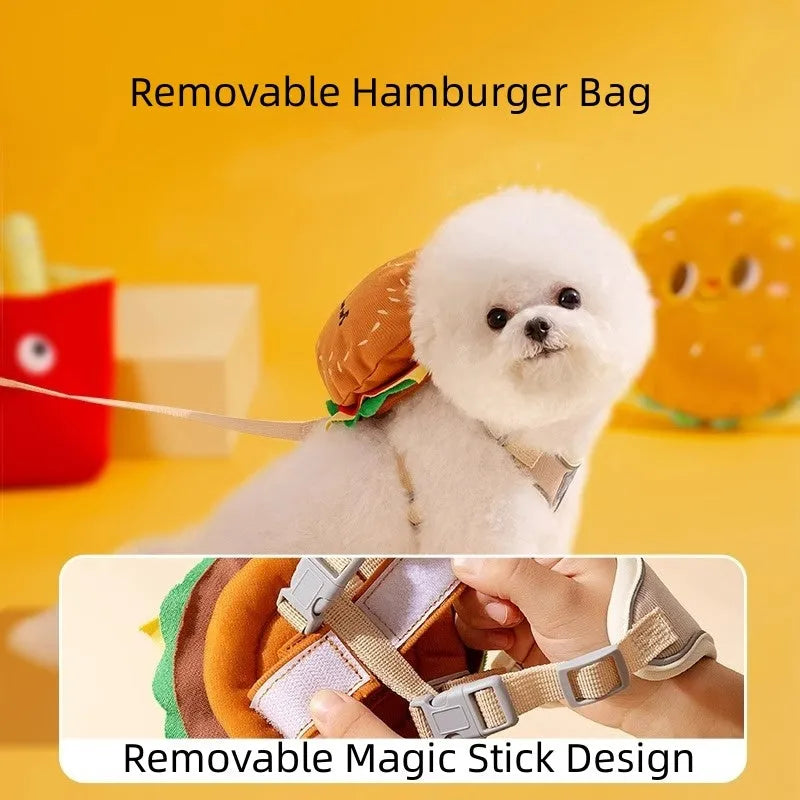 Cartoon hamburger print adjustable vest leash for a dog, showing hook-and-loop fasteners and attached rope.