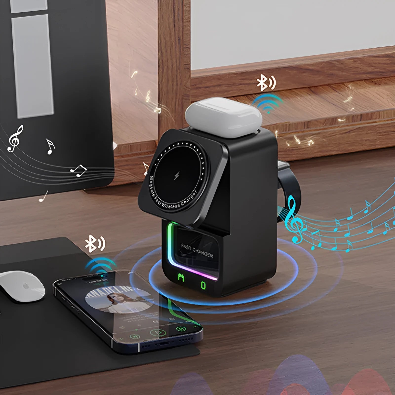 Black and white Bluetooth speaker wireless charger with QC3.0 fast charging