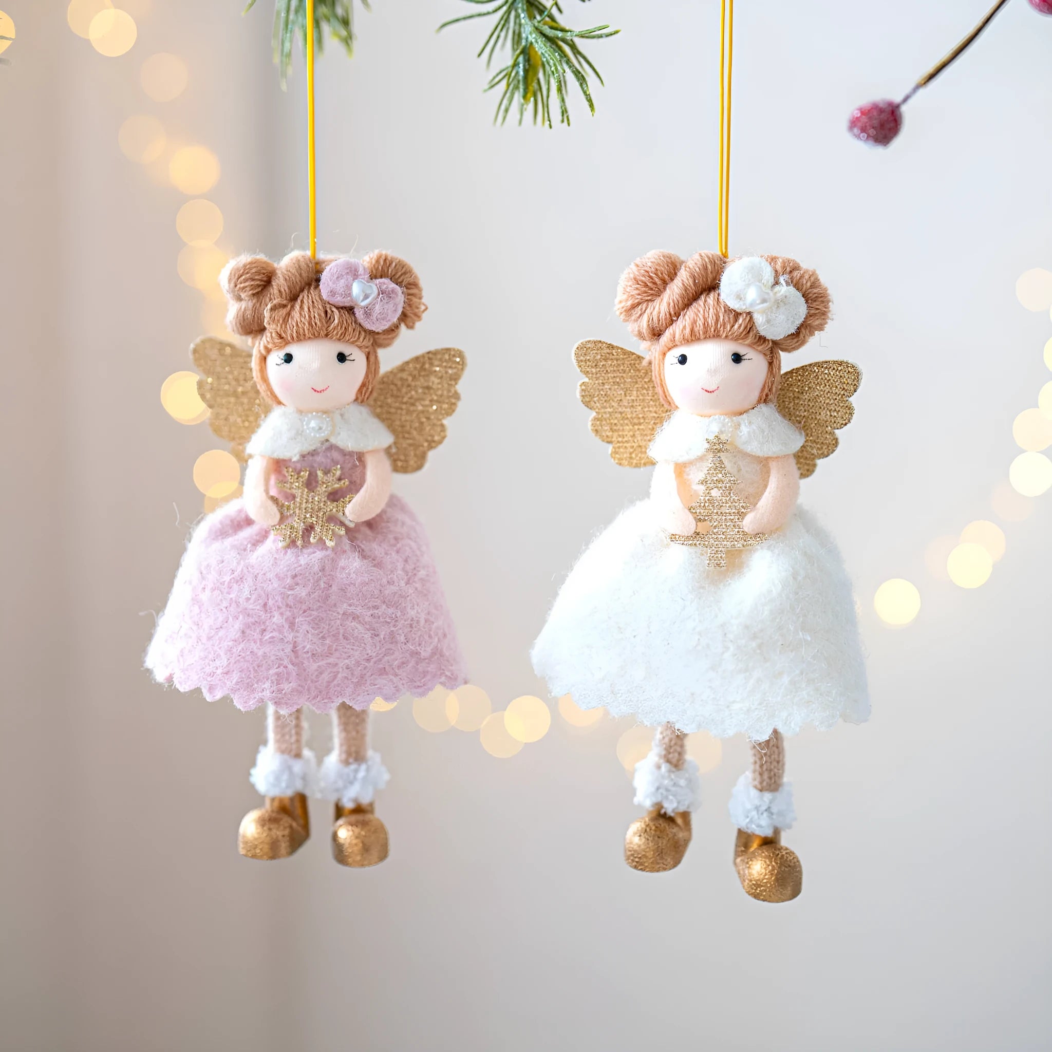 Pink and white cloth angel wings plush pendant Christmas tree ornament
