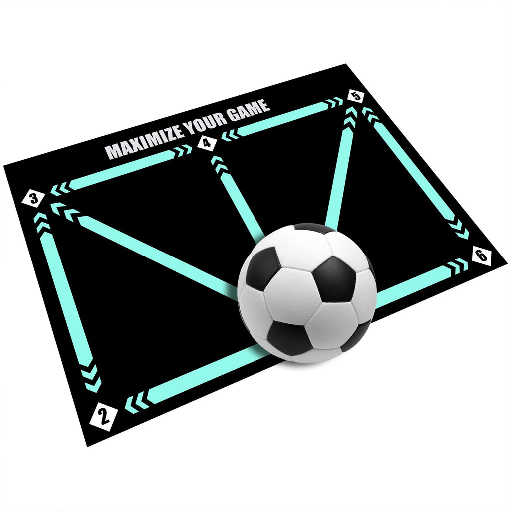 Black rectangular football training mat with non-slip backing measuring 60cm by 90cm