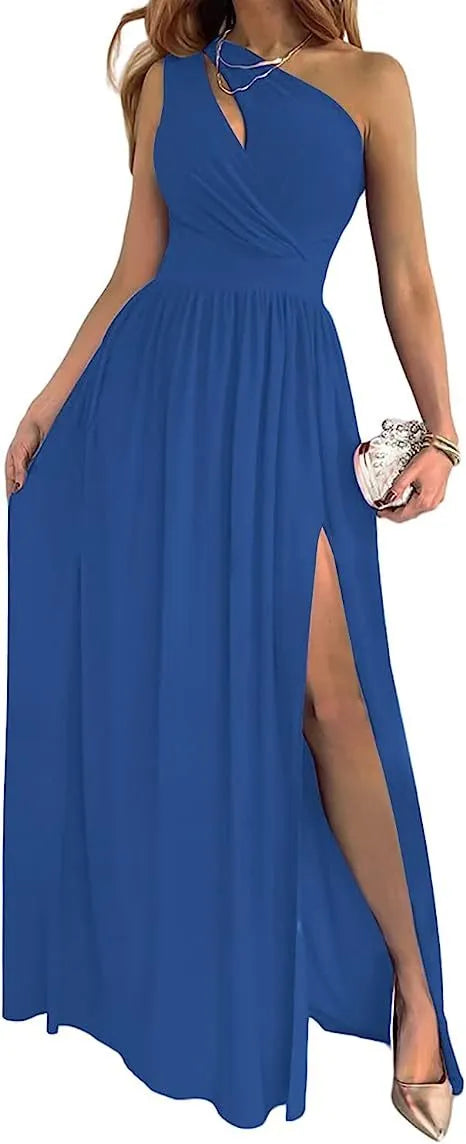 Women's one shoulder maxi dress with high split and cutout detail in soft flowy fabric