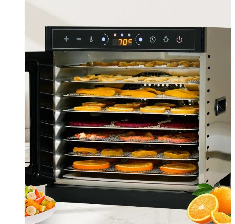 Stainless steel fruit dehydrator with visual skylight window and stackable trays for drying fruits and vegetables