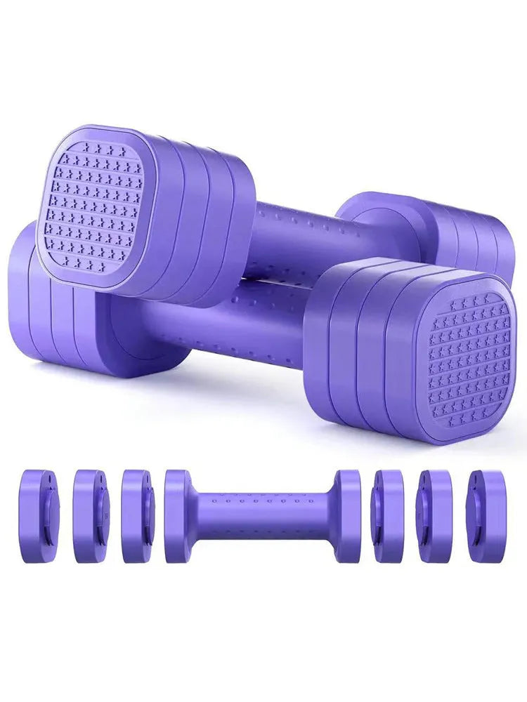 Women's detachable dumbbell set in pink, blue, black, and purple colours with ABS plastic construction