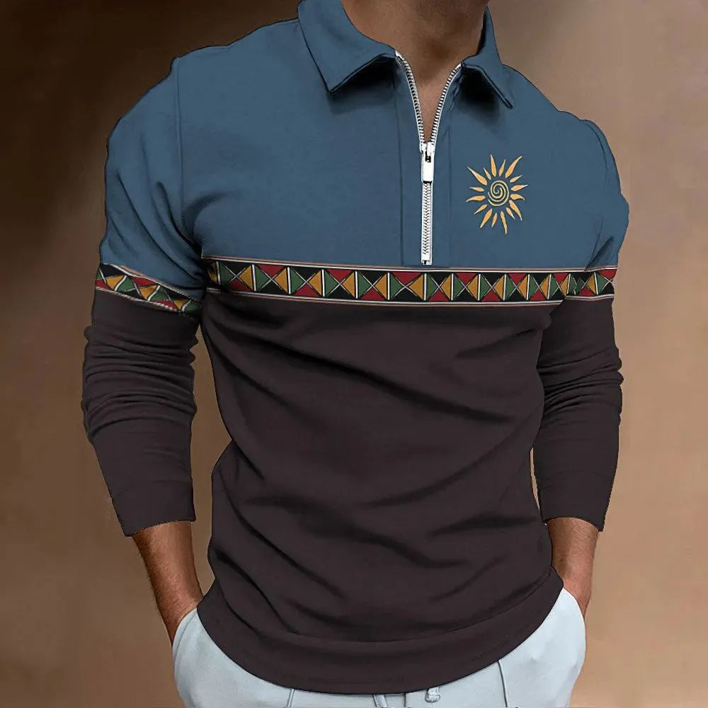 Men's loose fit long sleeve t-shirt with retro colour printing and striped pattern