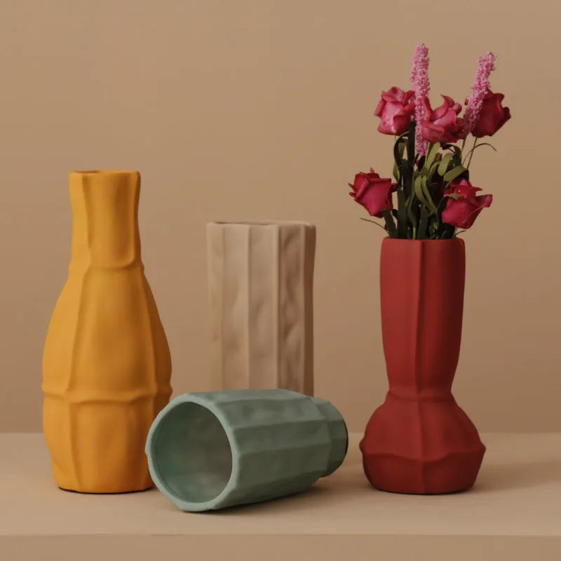 Morandi glazed texture ceramic geometric vase in muted colour for living room decor
