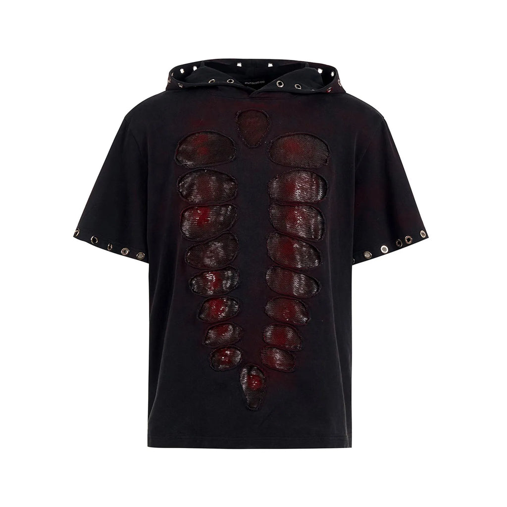 Men's black hooded short-sleeve t-shirt with sequin detailing, loose fit casual wear