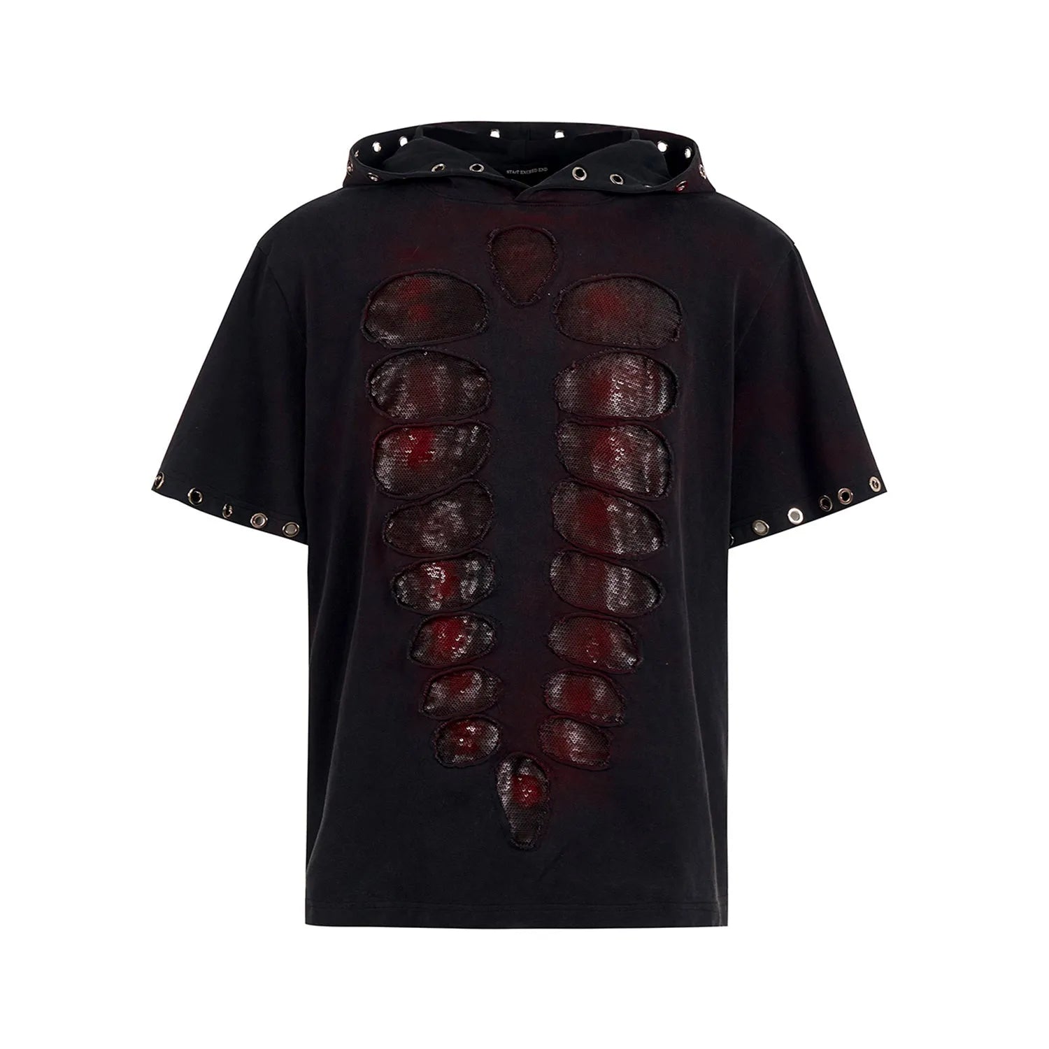 Men's black hooded short-sleeve t-shirt with sequin detailing, loose fit casual wear