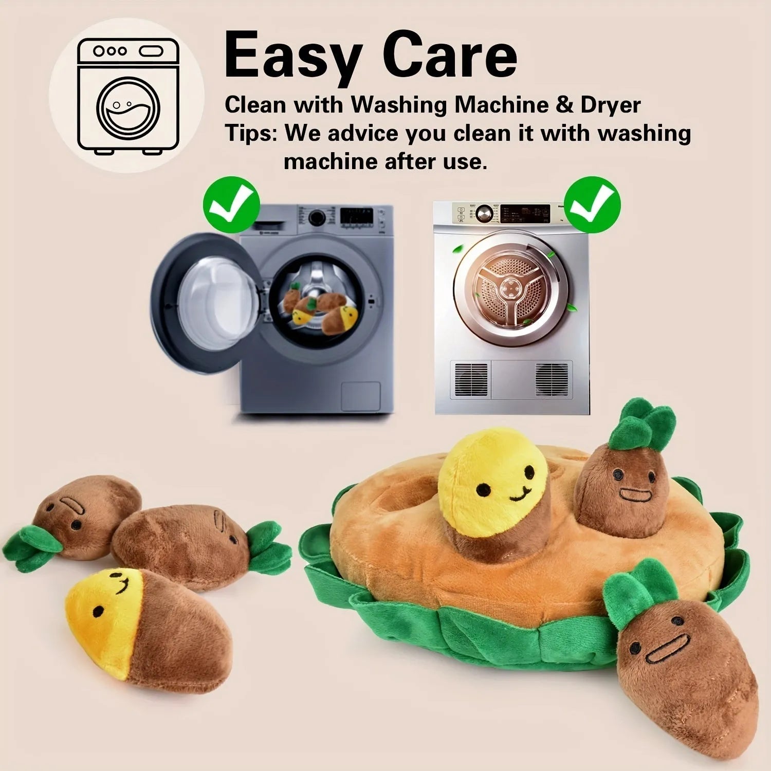 Yellow interactive dog puzzle toy with sniffing pads and removable squeaky plush toys on feeding mat