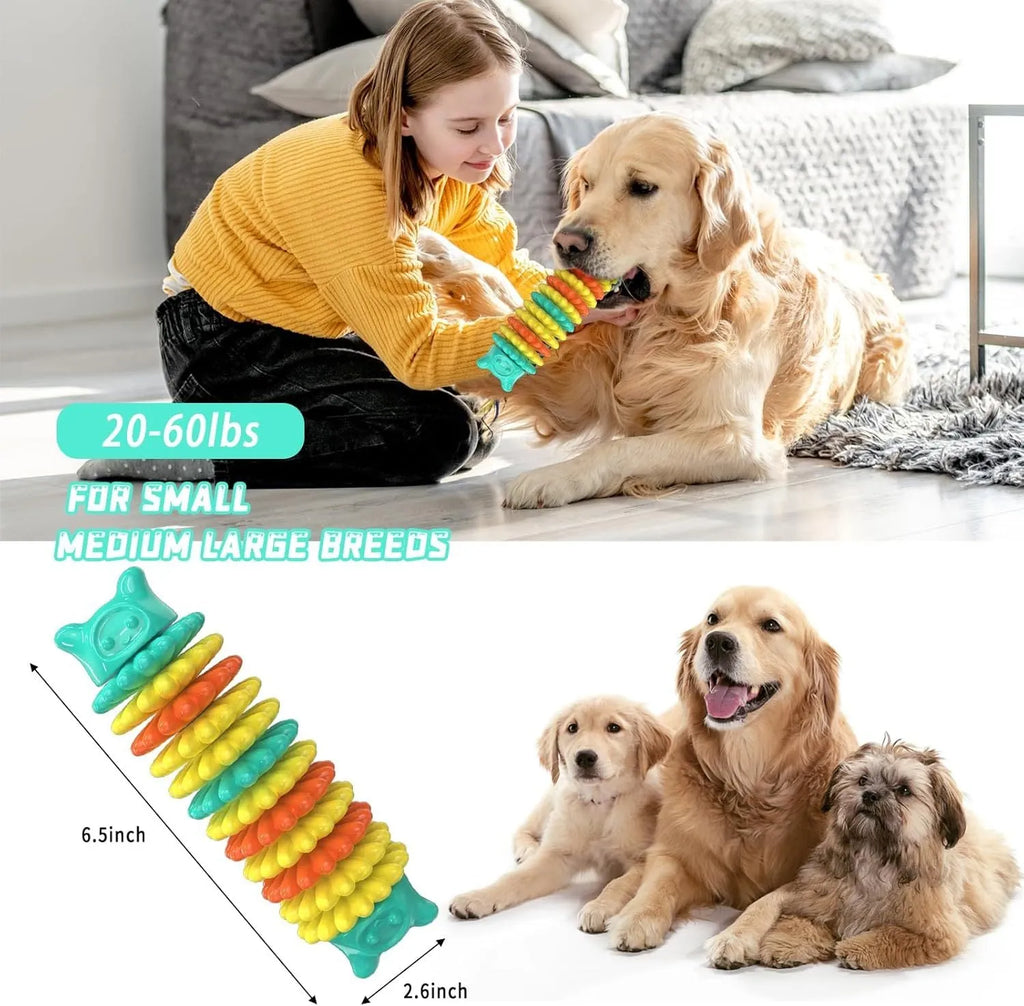 Blue natural rubber caterpillar-shaped dog chew toy on a white background