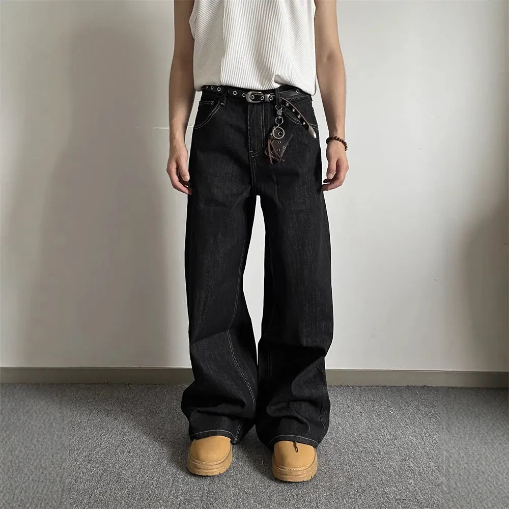 Black retro loose wide-leg straight-leg jeans on a model.