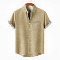 Men's linen short sleeve shirt with blue ocean fish pattern on chest, loose casual fit