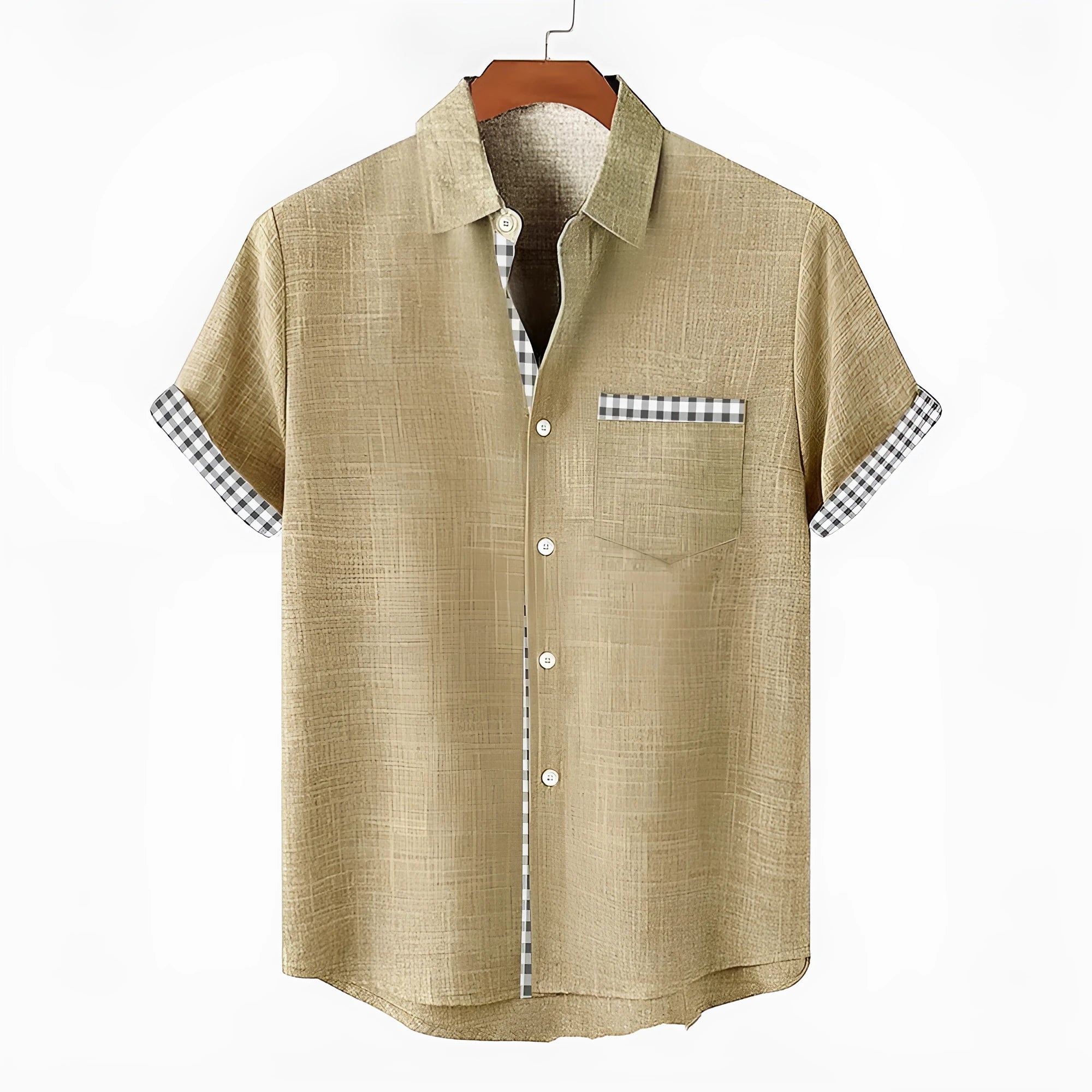 Men's linen short sleeve shirt with blue ocean fish pattern on chest, loose casual fit