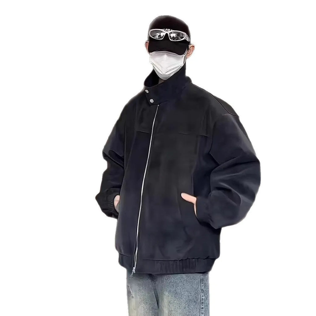 Men's black tie-dyed PU leather jacket with stand collar and side seam pockets