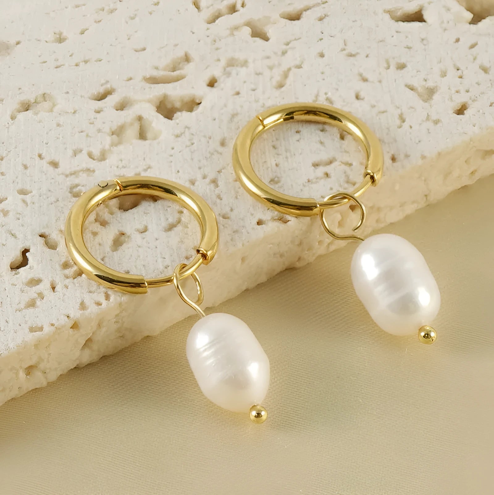 Gold geometric stainless steel earrings with pearl decorative elements for women