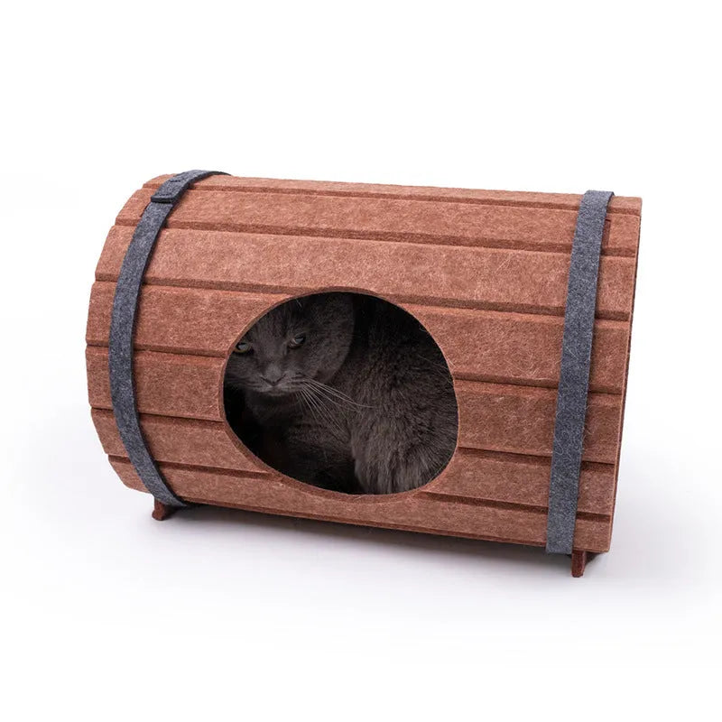 Wine barrel shaped cat bed assembled from three felt panels