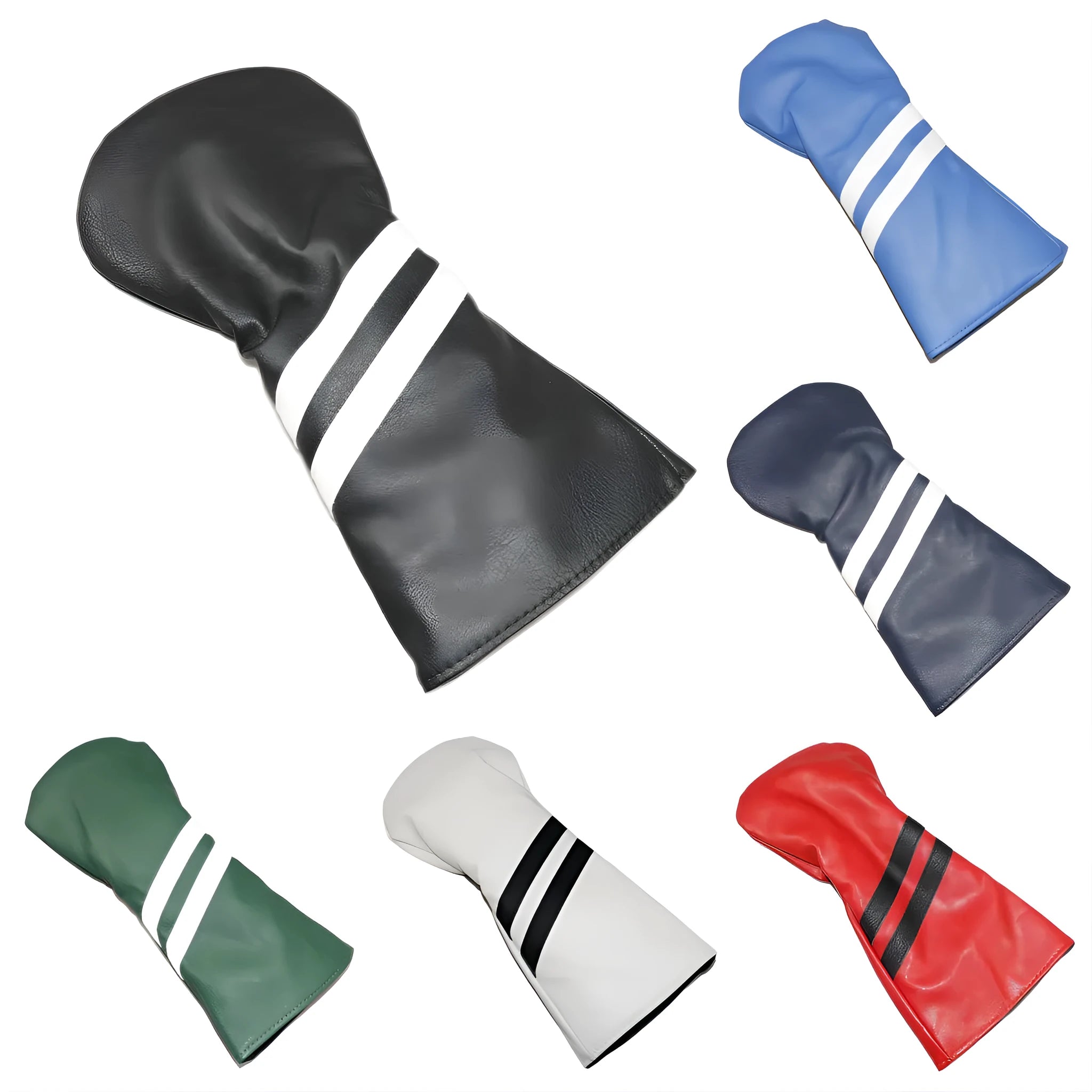 Oblique stripe golf club head cover in three sizes with six colour options including blue, black, red, white, green, and navy blue
