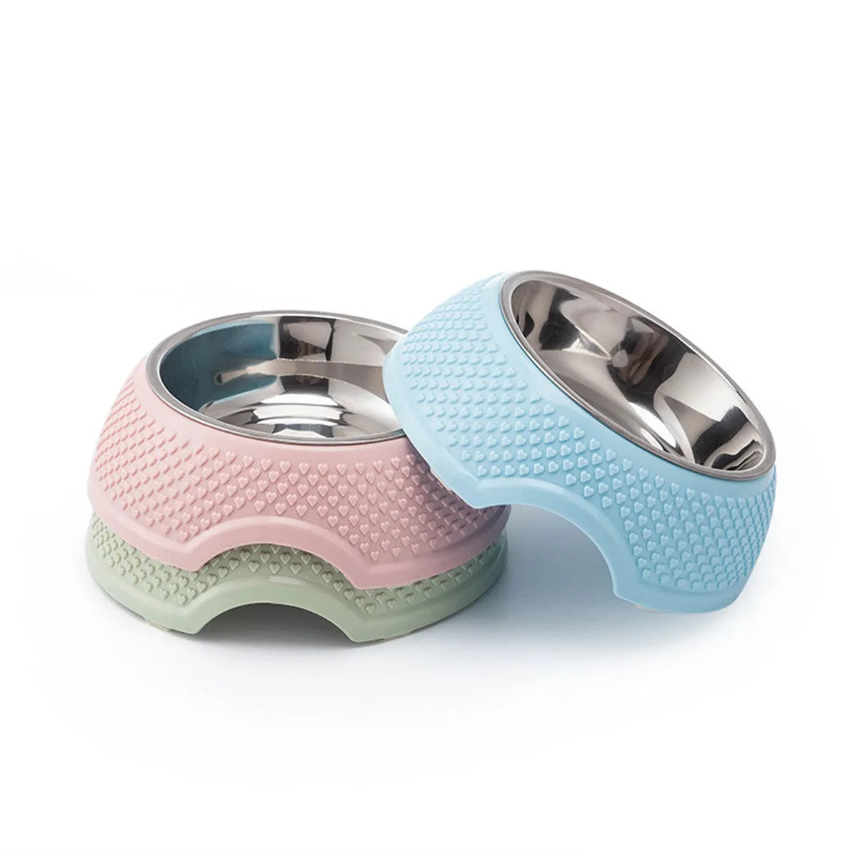 Stainless steel pet bowl with non-slip base in blue, green, or pink colours
