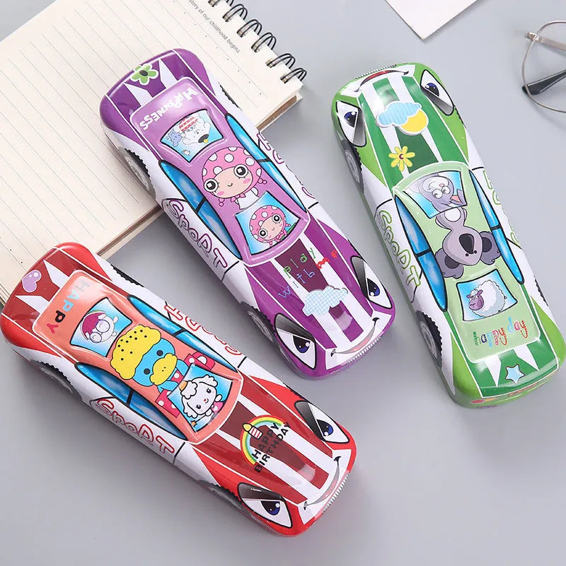 Tinplate double-layer racing car shaped stationery box with cartoon pattern on metal surface
