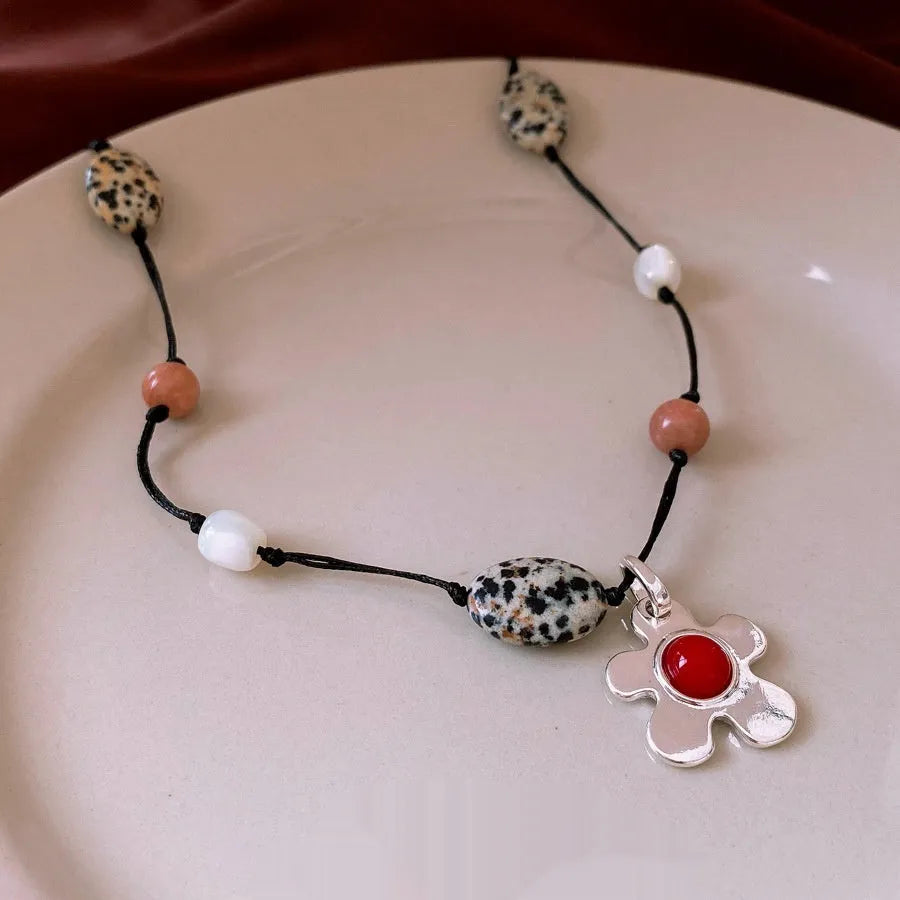 Adjustable ethnic flower pendant necklace with stone and shell beads on electroplated alloy chain